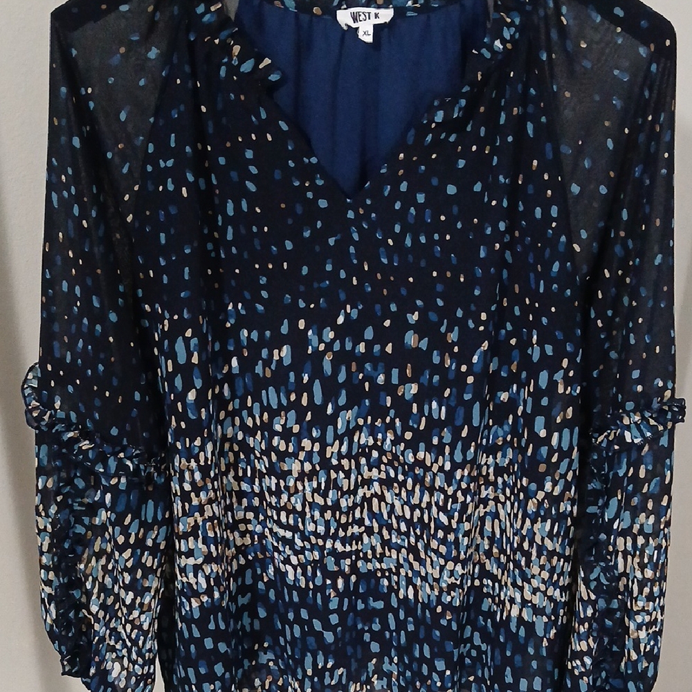 Blue Ruched Long Sleeve Blouse